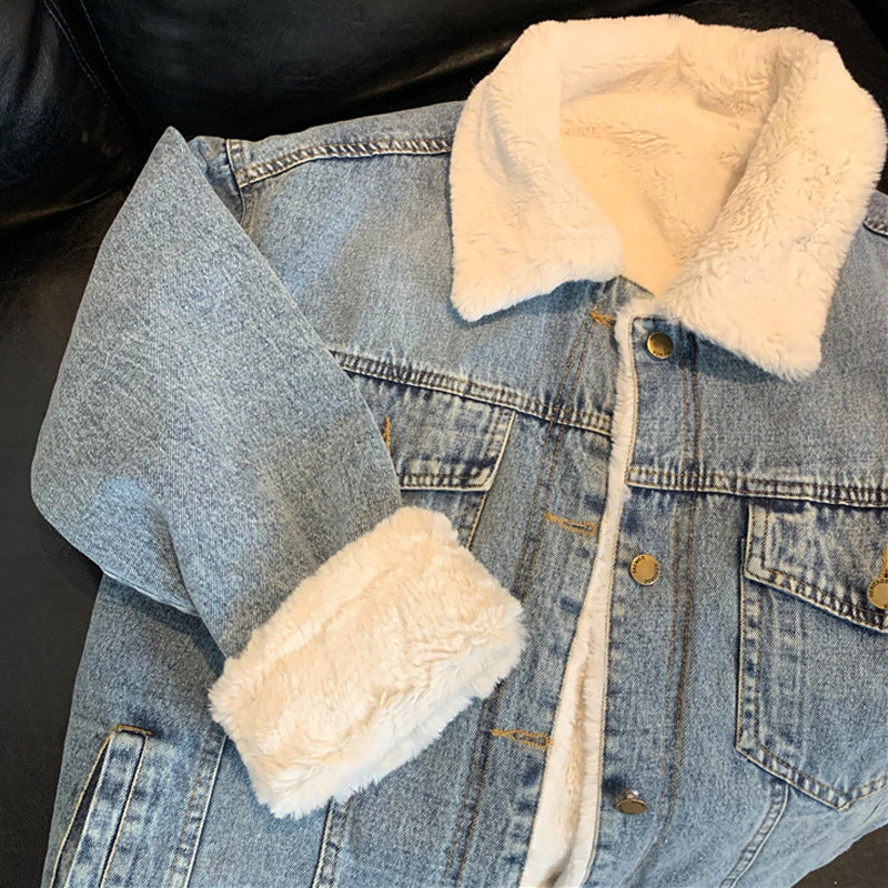 Loose Jacket Large Fur Collar Denim