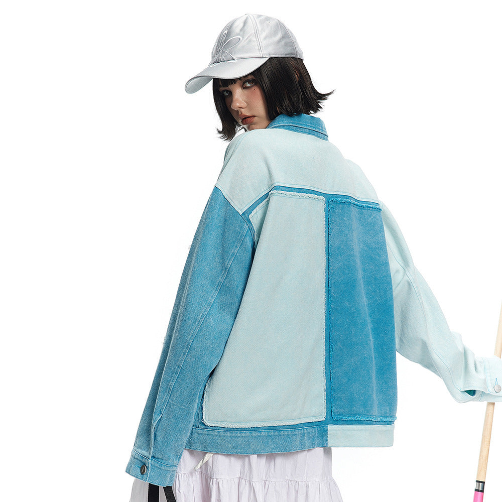 Irregular Color Contrast Patchwork Denim Jacket